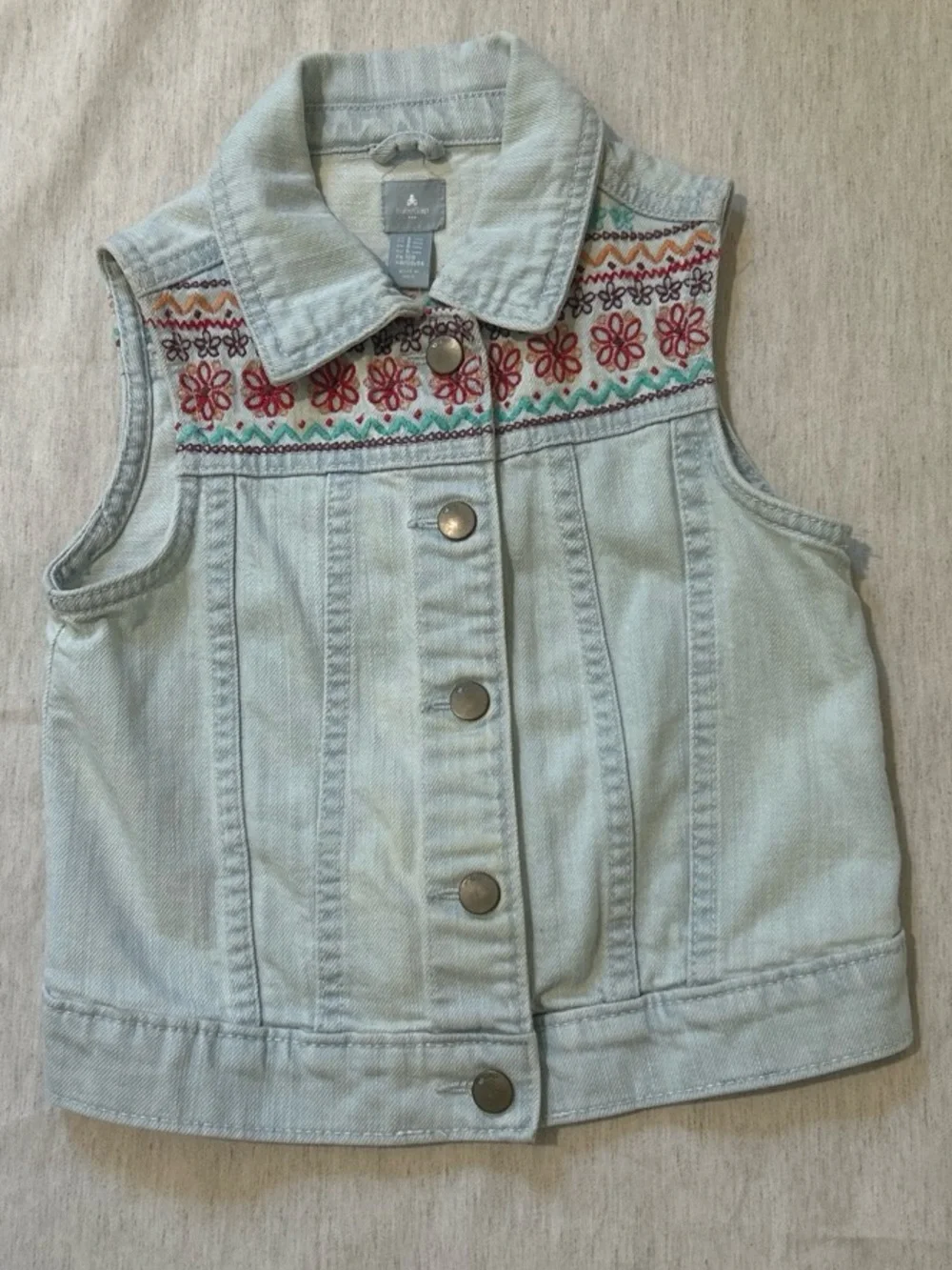 GAP Light Wash Denim Vest with Multicolor Floral Embroidery